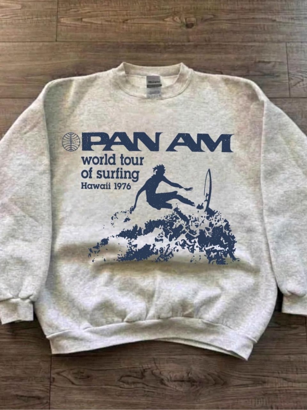 Gildan Light Gray Crewneck Sweatshirt with Navy Surf Graphic
